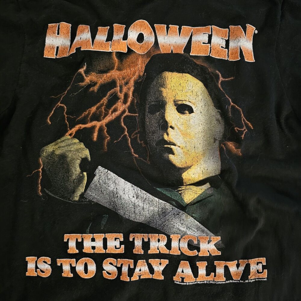 Michael Myers Trick Womens Black Tshirt Sz S Halloween Horror Knife Lightning